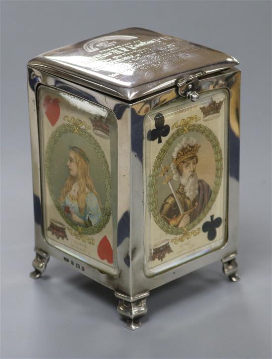 An Edwardian silver playing card box with glazed panels and sprung interior, Levi & Salaman, Birmingham, 1904, 12.5cm.